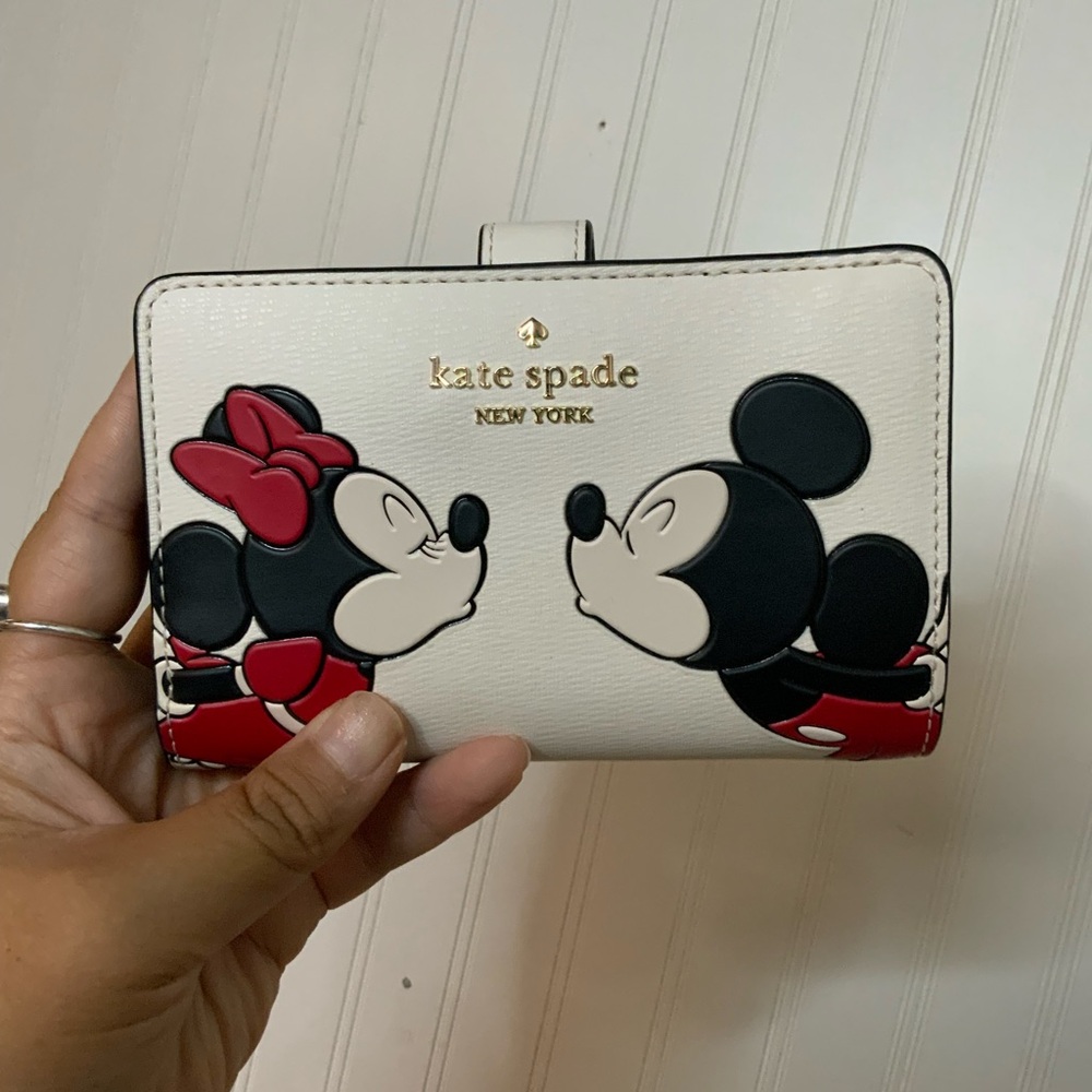 Kate Spade Cream Medium Compact Wallet with Mickey and Minnie Design